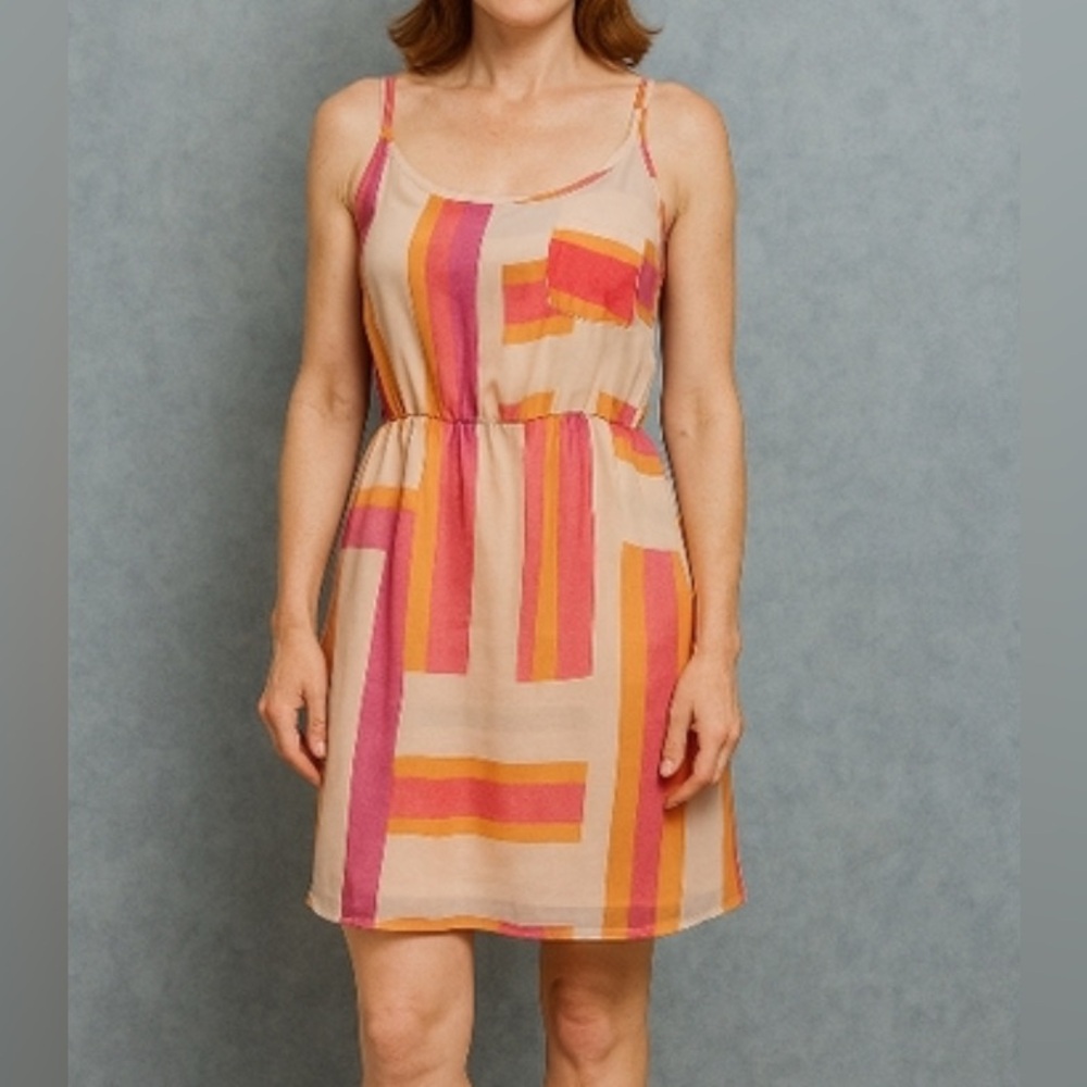 ROXY Orange Pink Color-block Adjustable Straps Elastic Waist Lined Dress Small